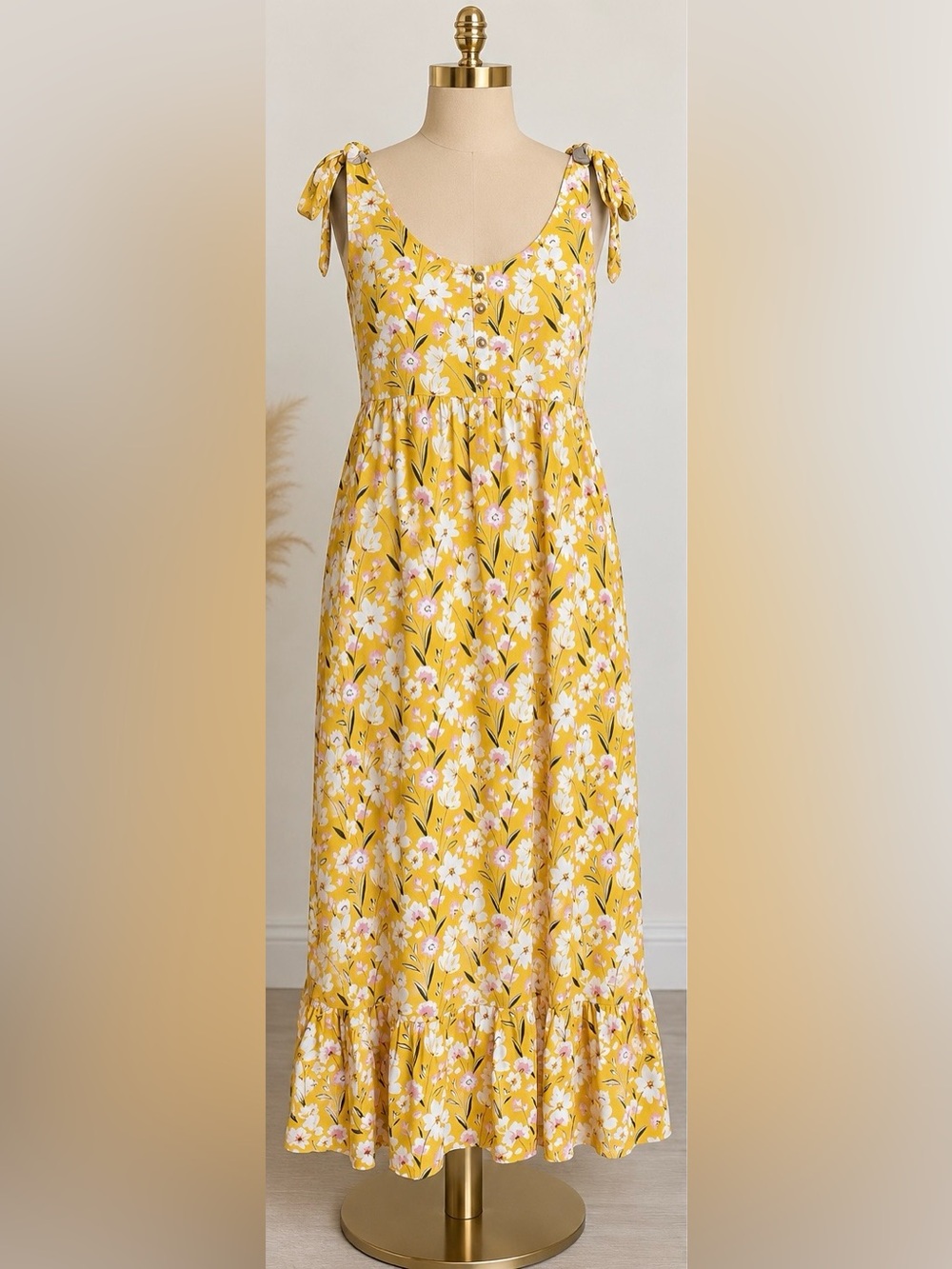 Nevena Rae Yellow Floral Maxi Dress Tie Shoulder Button Front Size XL